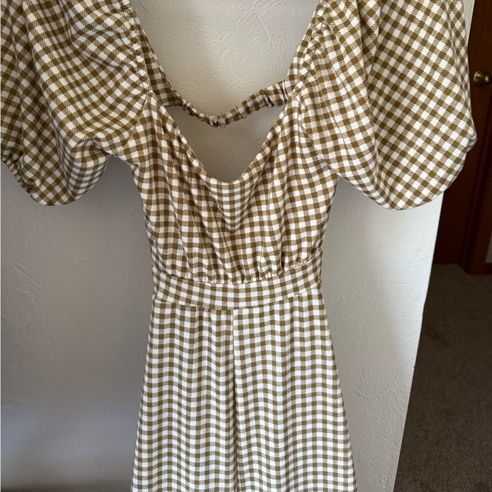 Endless Blu Gingham Puff Sleeve Cutout Jumpsuit